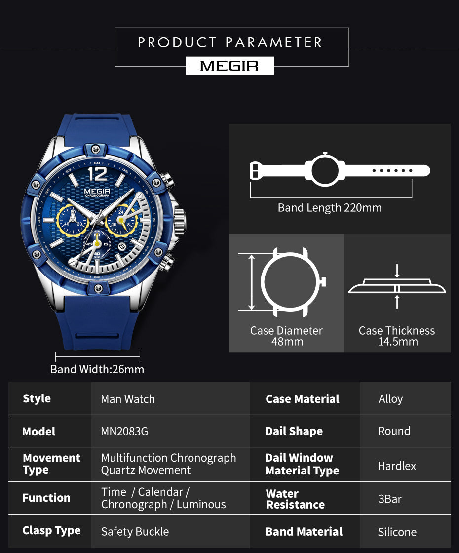 MEGIR Fashion Mens Watches Top Brand Luxury Silicone Sport Military Watch Chronograph Date Waterproof Wristwatch Male Clock 2083